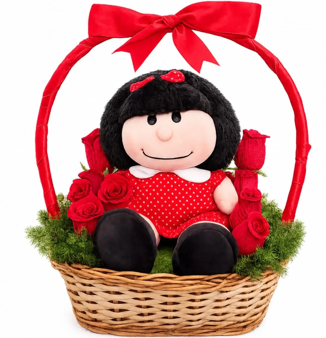 canasta de rosas rojas con peluche Mafalda para regalo especial delivery de flores en Lima